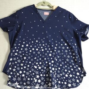 Ava Therese Scrub Top Women's 3XL Navy Blue White Stars V-Neck Pockets